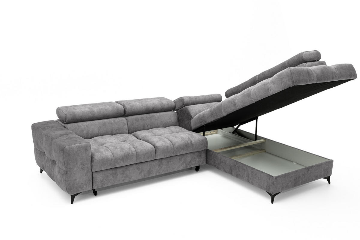 ECKSOFA PUDDING L Rechts mit Schlaffunktion 128x197 Velours Grau - Schwarz/Grau, Holz/Textil (204/270cm) - Muffo