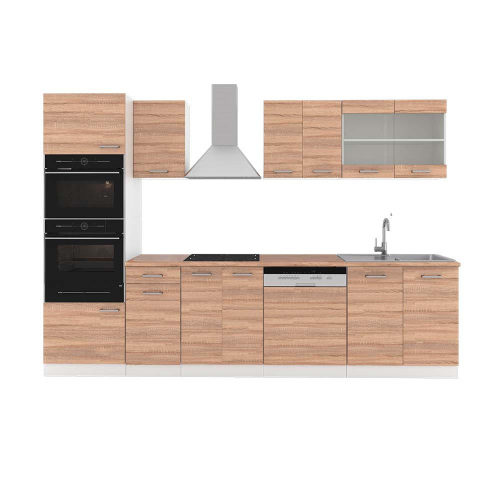 KÜCHENZEILE R-Line Sonoma/Weiß 300 cm mit Hochschrank, AP Eiche - Weiß/Sonoma Eiche, Holzwerkstoff (300/81.6/60cm) - Vicco
