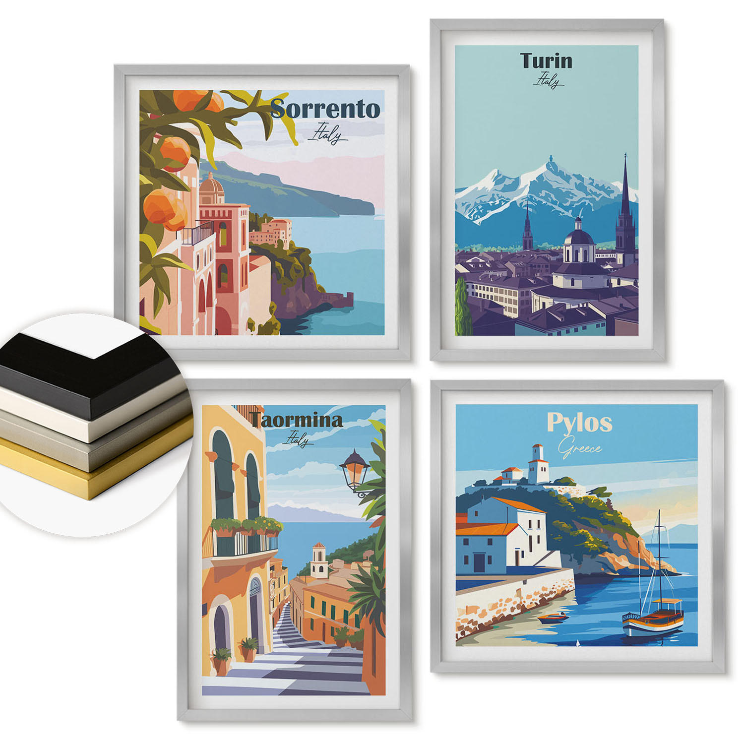 WANDBILDER 4er Set - 50x50 cm & 40x60 cm Silberner Rahmen - Farbenfrohe Illustrationen von Retro-Städten - Silberfarben, Kunststoff (50/50cm) - ArtPrintCave