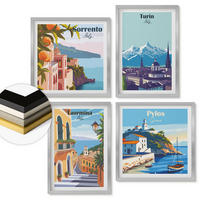 WANDBILDER 4er Set - 50x50 cm & 40x60 cm Silberner Rahmen - Farbenfrohe Illustrationen von Retro-Städten - Silberfarben, Kunststoff (50/50cm) - ArtPrintCave