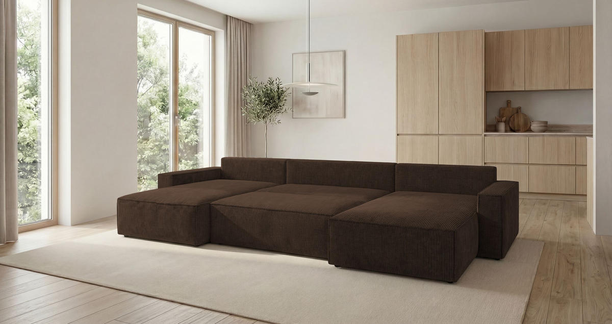 SEDACÍ souprava VIENNA tvar U hnědá manšestr Poso 6 - funkce spaní, úložný prostor - hnědá, textil (385/86/185cm) - Cornero