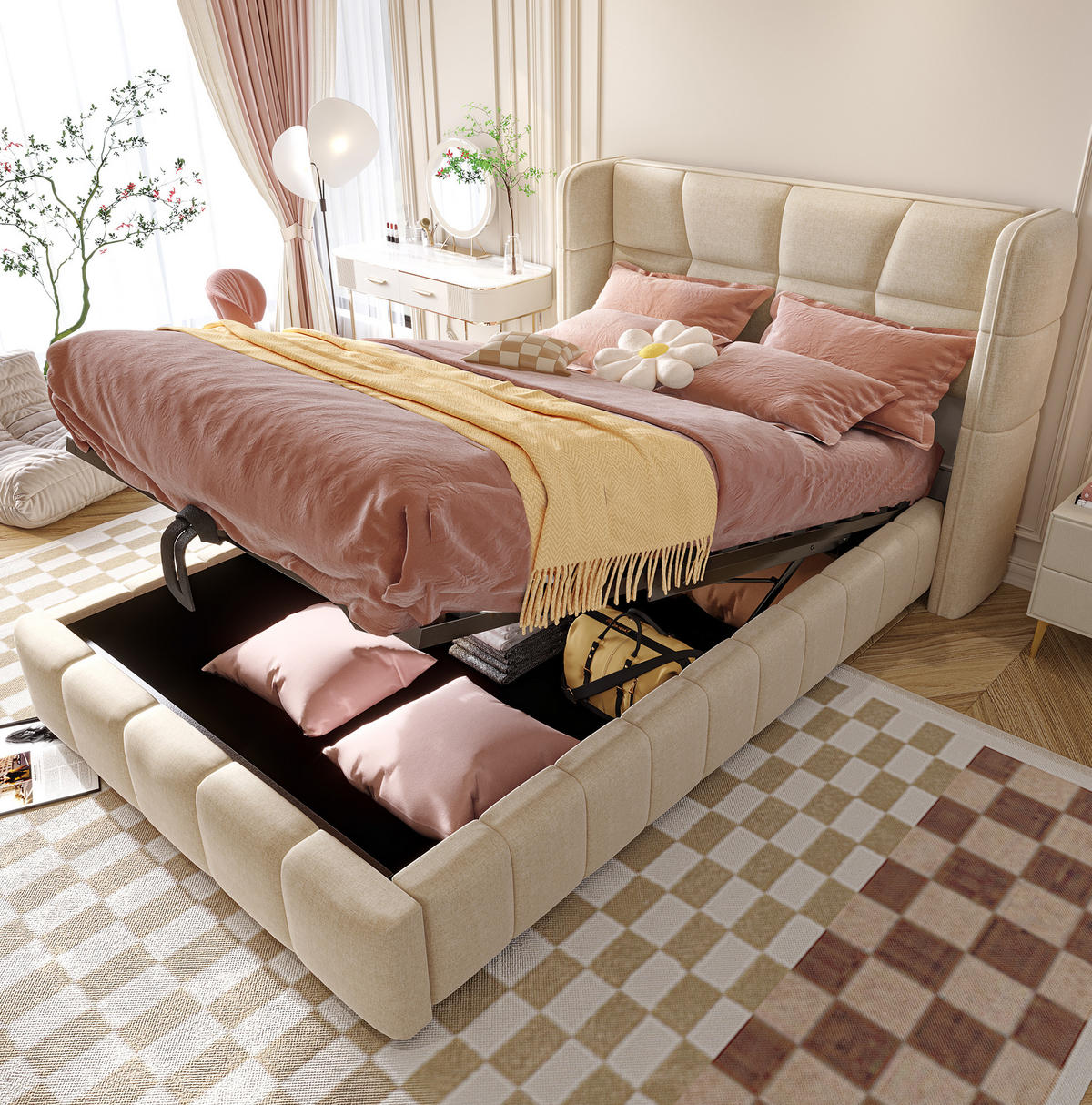 KINDERBETT 90/200 cm mit Stauraum, Hebemechanismus und gepolstertem Kopfteil aus Leinenstoff, Beige - Beige, Textil (90/200cm) - Redom