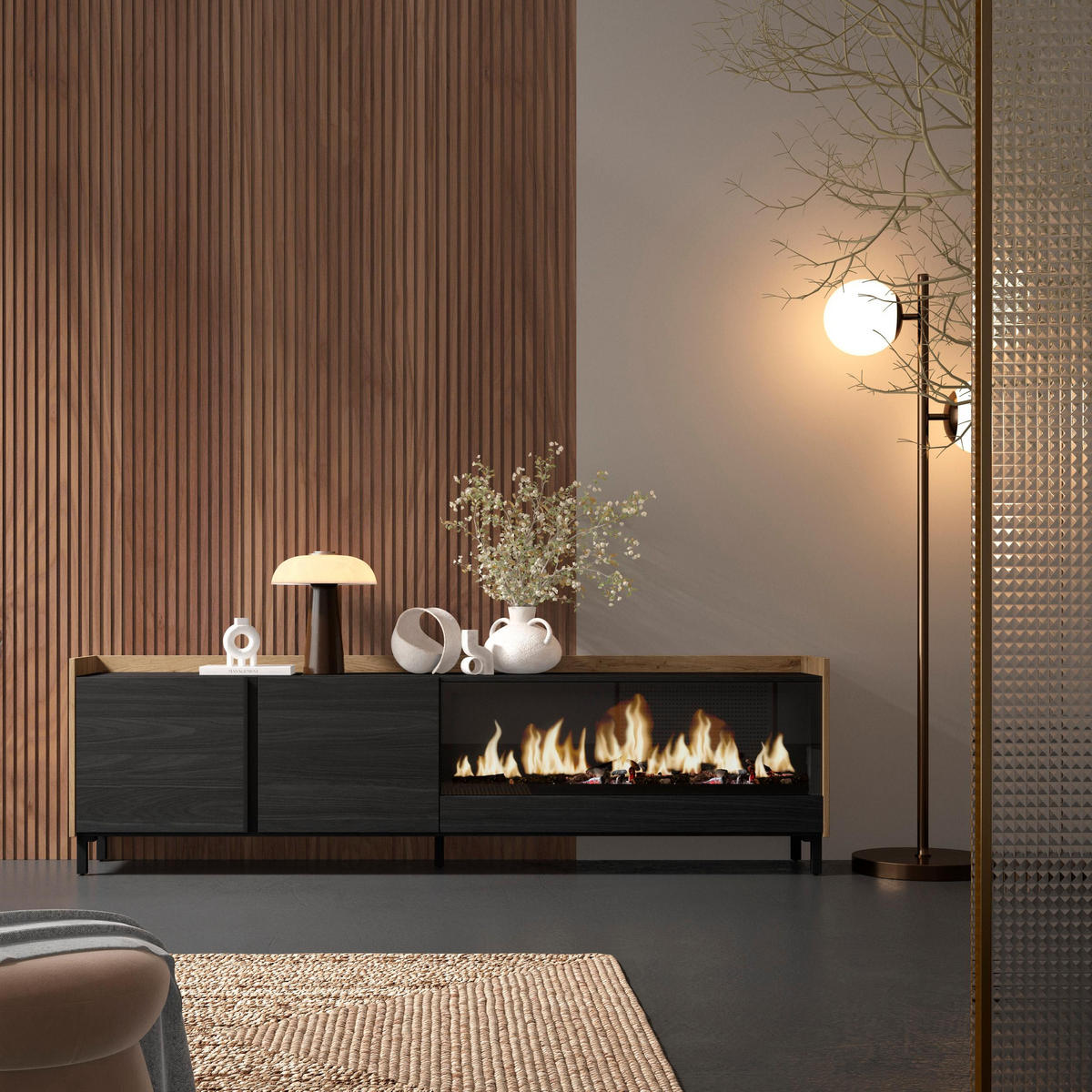 LOWBOARD, Schwarz und Eiche, 212/35/61cm, Kamin mit Feuereffekt XXL - Schwarz, Holzwerkstoff (212/61/35cm) - Skraut Home