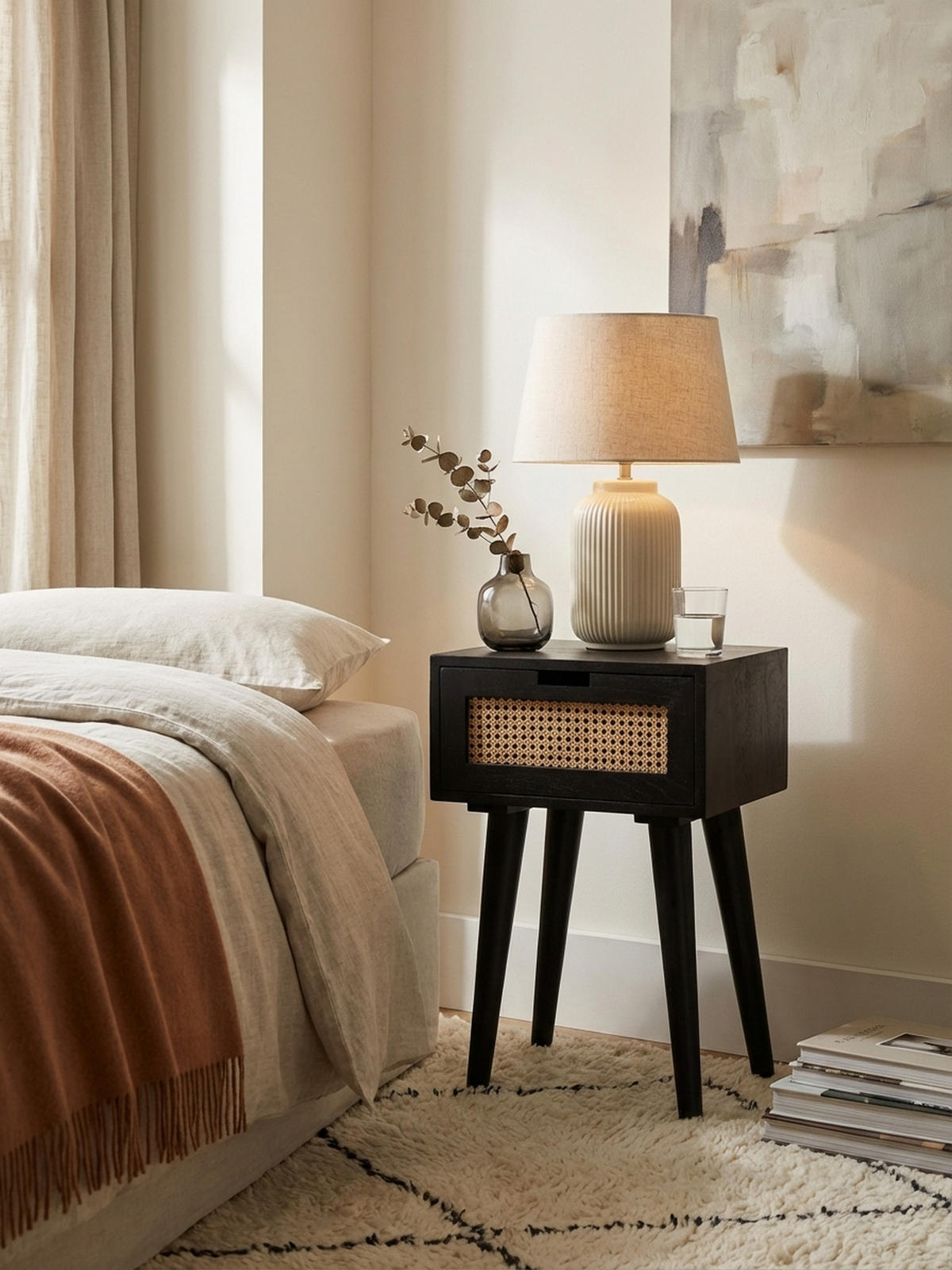 NACHTTISCH – Mango Massivholz/Rattan, 40x60x30 cm, Schwarz, 1 Schublade, Wiener Geflecht - Schwarz, Holz (40/60/30cm) - KADIMA DESIGN