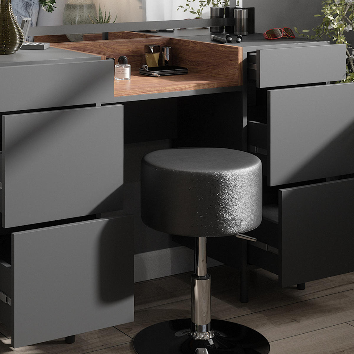 SCHMINKTISCH Anika Anthrazit 120 cm mit LED Spiegel und Hocker - Anthrazit/Walnussfarben, Holzwerkstoff (120/80/40cm) - Vicco