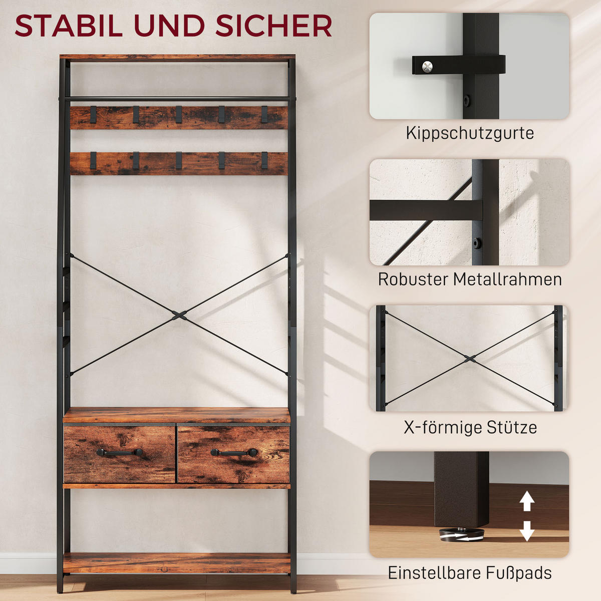 GARDEROBENSTÄNDER Spanplatte Metall Rustikal-Braun - Schwarz/Braun, Holzwerkstoff/Metall (30/180/80cm) - HOMCOM