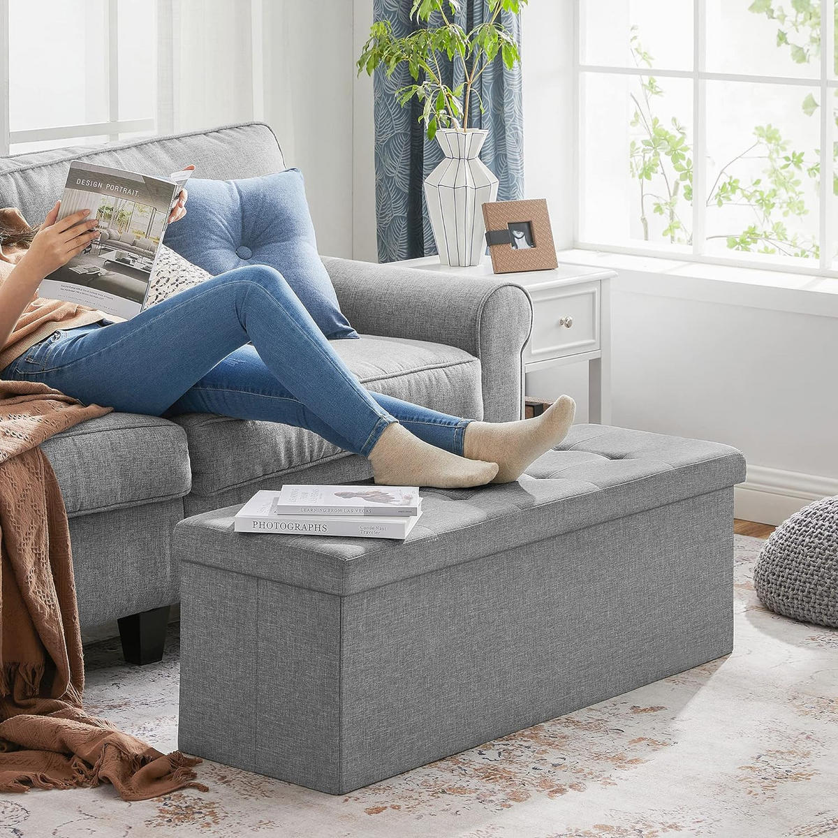 POUF Hellgrau 110x38 cm LSF77G Mit Stauraum - Grau, Holzwerkstoff (110/38/38cm)