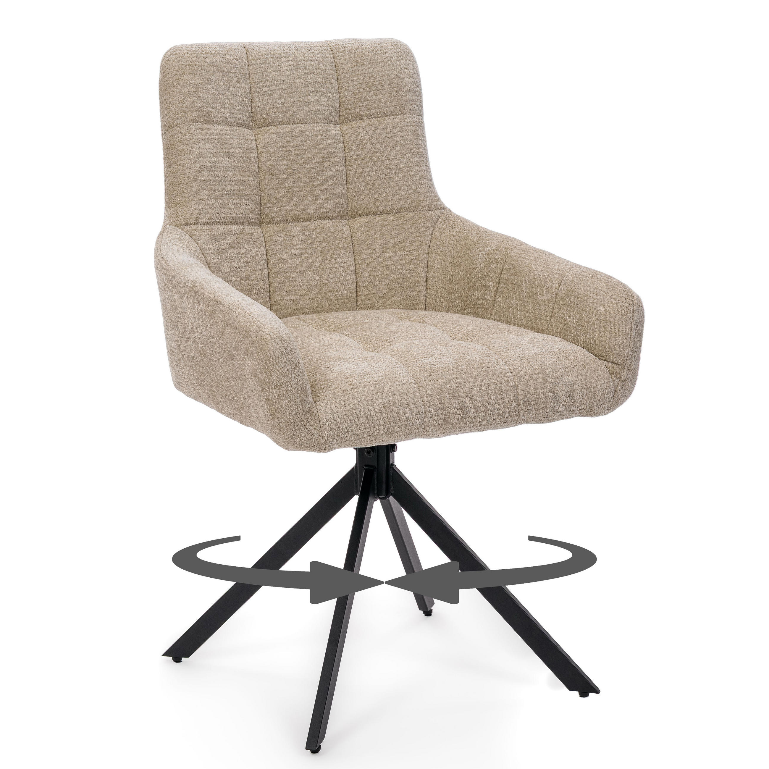 STUHL FUNO drehbar gepolsterter mit Steppung - hellbeige - Chenille - Ecru/Schwarz, Textil/Metall (58/87/60cm) - NEW HOME