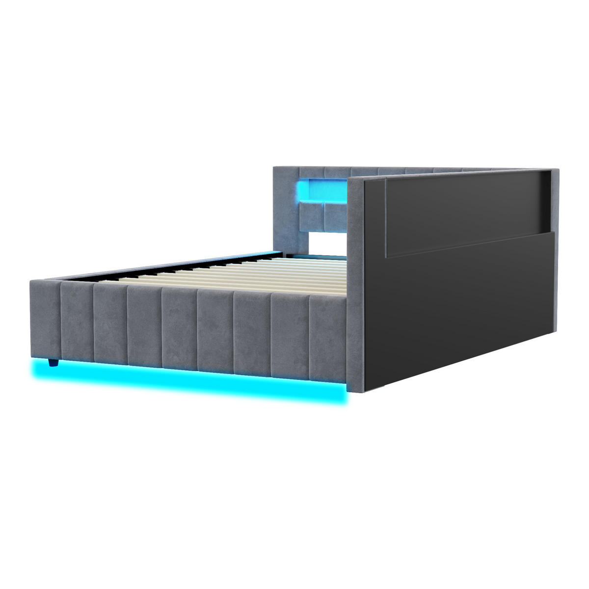 POLSTERBETT 140/200 cm in Grau Samt mit Bettkasten, LED und USB - Dunkelgrau, Holzwerkstoff/Textil (140/200cm) - WISHDOR