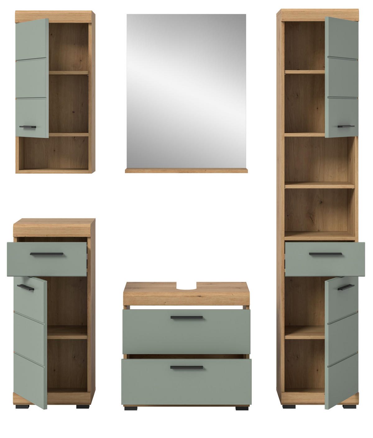 BADMÖBEL-SET Salbei grün, Eiche Artisan 5-teilig 164 cm, Komplettset mit viel Stauraum - Salbeigrün/Schwarz, Glas/Holzwerkstoff (164/191/37cm) - Inn.Furn