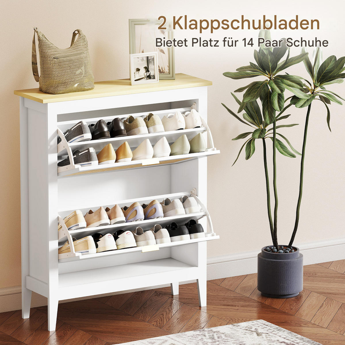 SCHUHSCHRANK im Bohème-Stil für 14 Paar Schuhe mit 2 Klappschubladen, Türen in Rattanoptik, 80 x 24 x 95,5 cm, weiß - Weiß, Holzwerkstoff (80/95.5/24cm) - HOMCOM