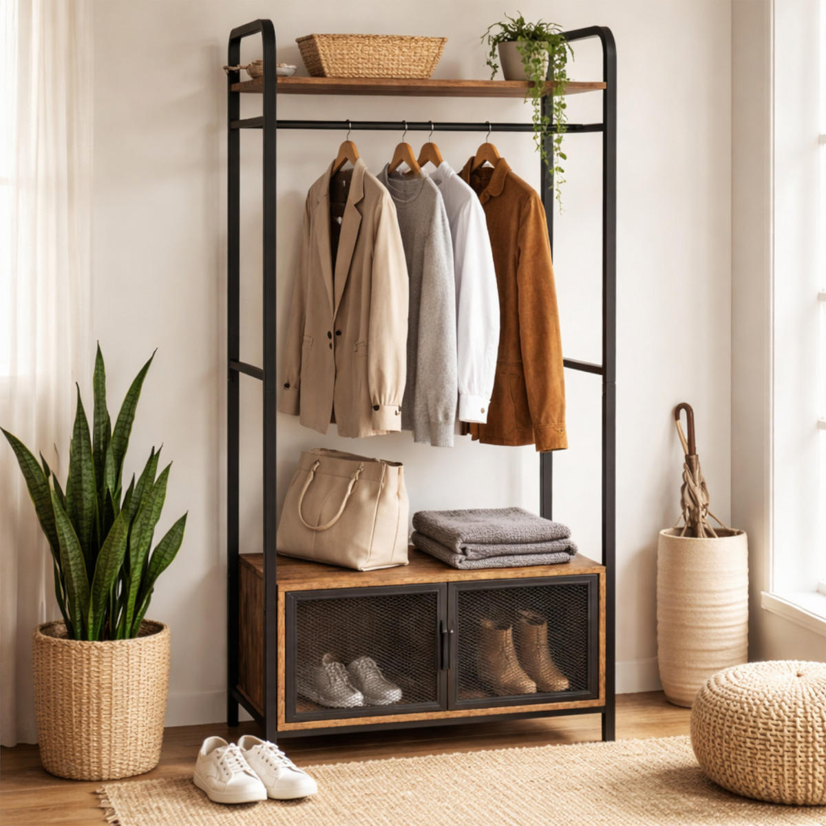 GARDEROBENSTÄNDER Metall mit Schuhschrank Industrial 180×80×40 cm - Dunkelbraun/Schwarz, Holzwerkstoff/Metall (40/180/80cm) - Begryf