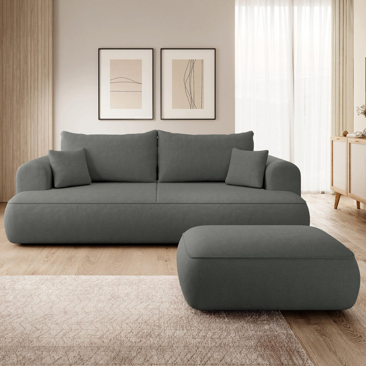 TABURET Ovo, tmavě šedá, 100 cm, ženilková látka - černá/tmavě šedá, dřevo/plast (100/44/68cm) - Selsey