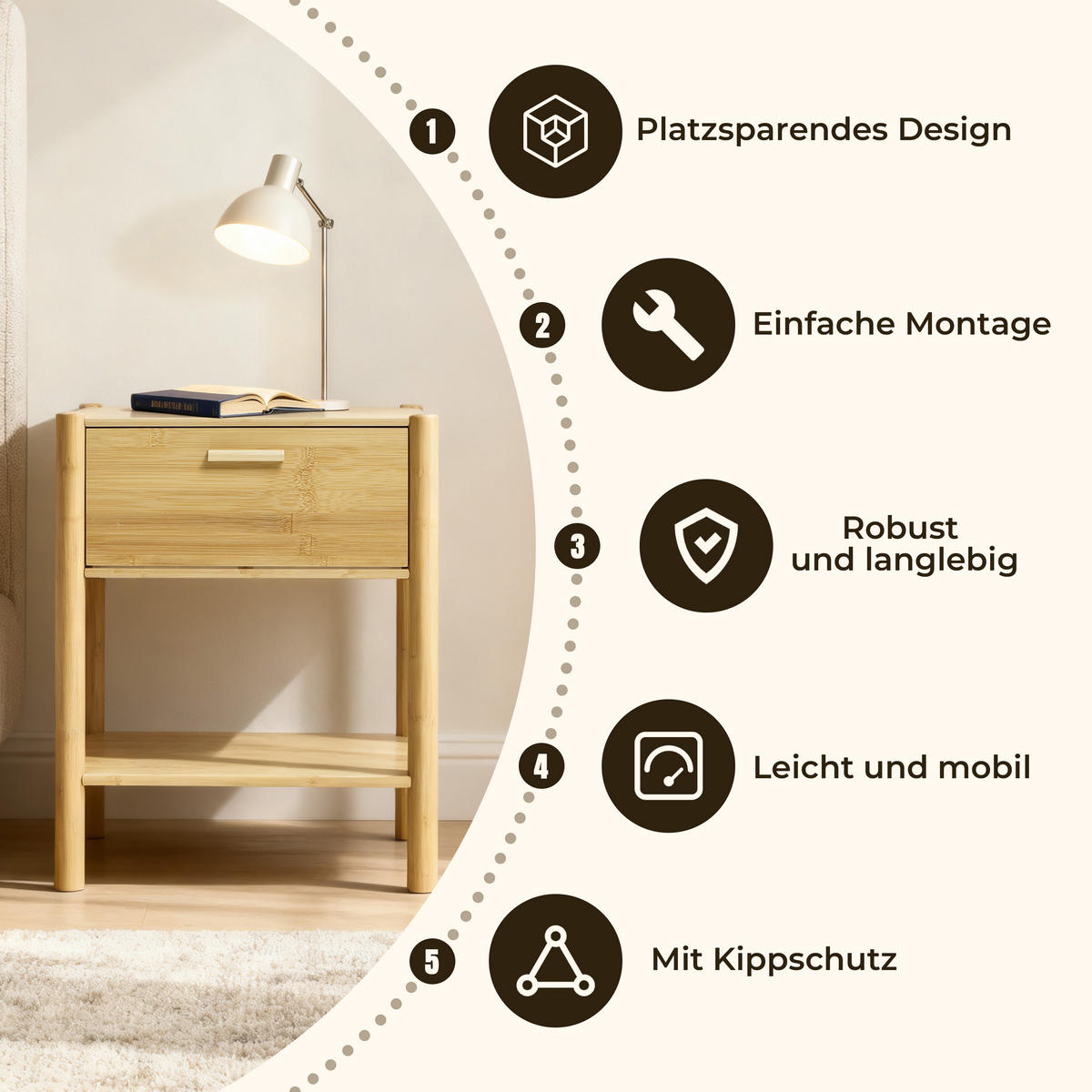NACHTTISCH modern mit Schublade, Beistelltisch Bambus | B40 × T30 × H50 cm - Braun, Holzwerkstoff (40/50/30cm) - Hometopia