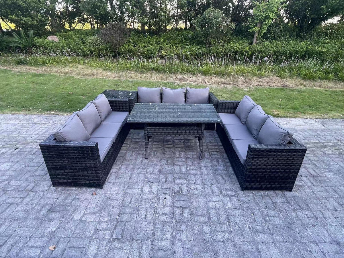 GARTENMÖBEL SET mit Beistelltisch,Esstisch Polyrattan 9-Sitzer - Dunkelgrau/Grau, Glas/Kunststoff - Fimous