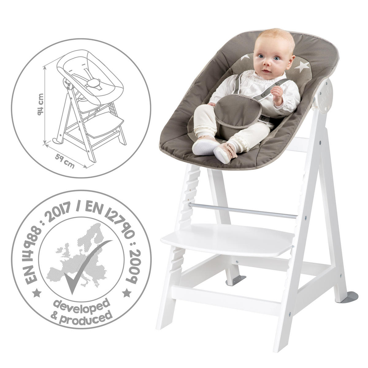 BABYHOCHSTUHL Born Up mit Neugeborenenaufsatz Little Stars Weiß - Weiß, Holzwerkstoff/Textil (46/94/66.5cm) - Roba