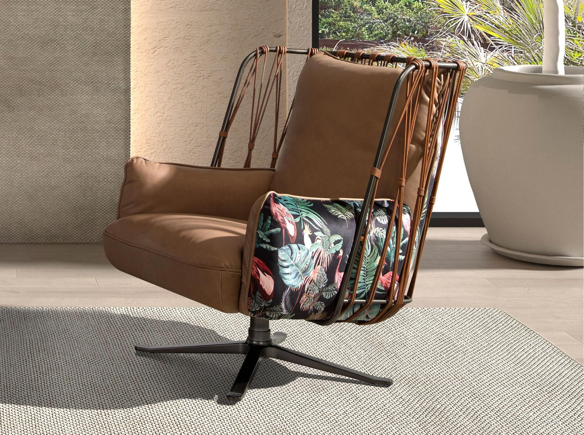 DREHSESSEL Braun Stahl abgedunkelt 90/92/102 cm - Braun, Leder/Metall (90/102/92cm) - ANGEL CERDA