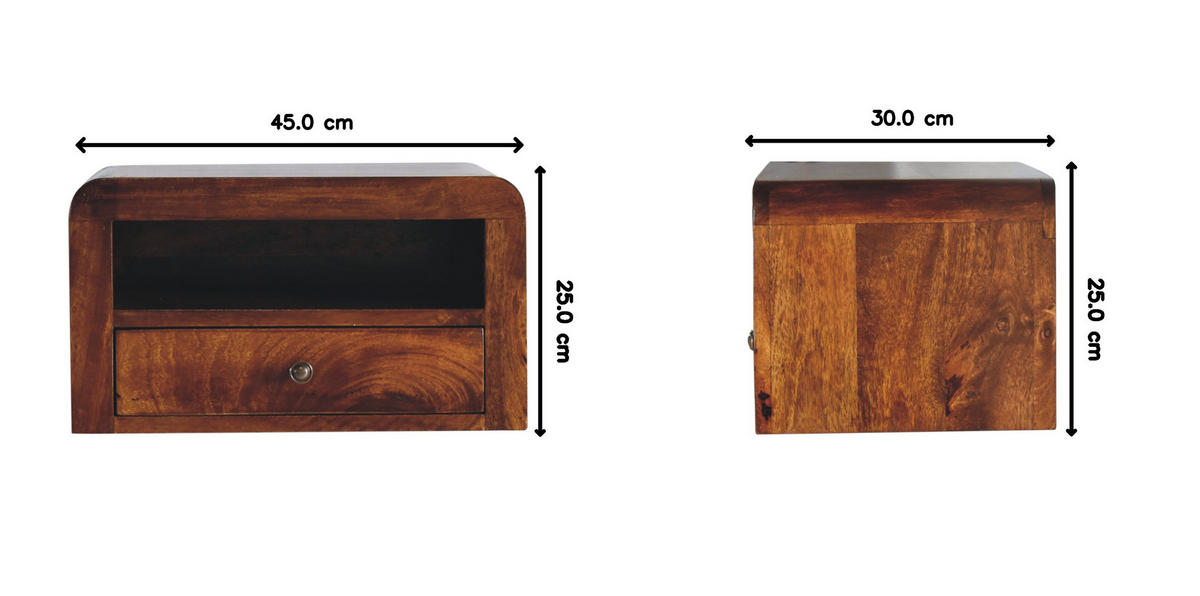 NACHTTISCH Chunky 1 Schublade Wandmontiert mit 1 offenem Regal - Messingfarben/Braun, Holz/Metall (45/25/30cm) - Artisan Furniture