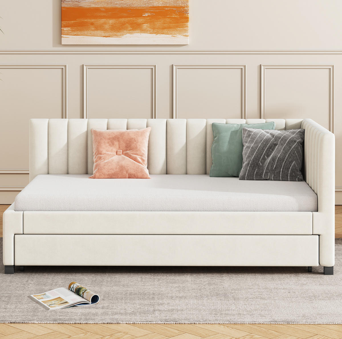 AUSZIEHBETT 90/200 cm aus Samt in Beige mit Lattenrost - Beige, Leder (90/200cm) - Flora Grace
