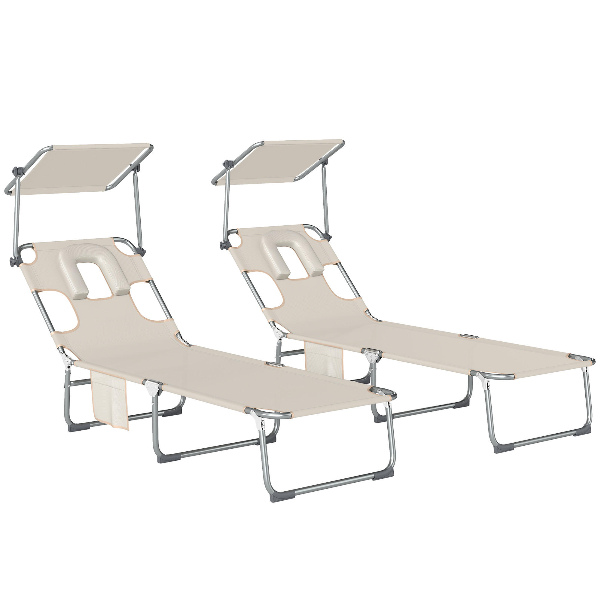 GARTENSONNENLIEGE, 2er-Set, Beige, 360° Sonnendach, Gesichtsöffnung, Seitentasche - Weiß, Metall (188/27/56cm) - Vallsero