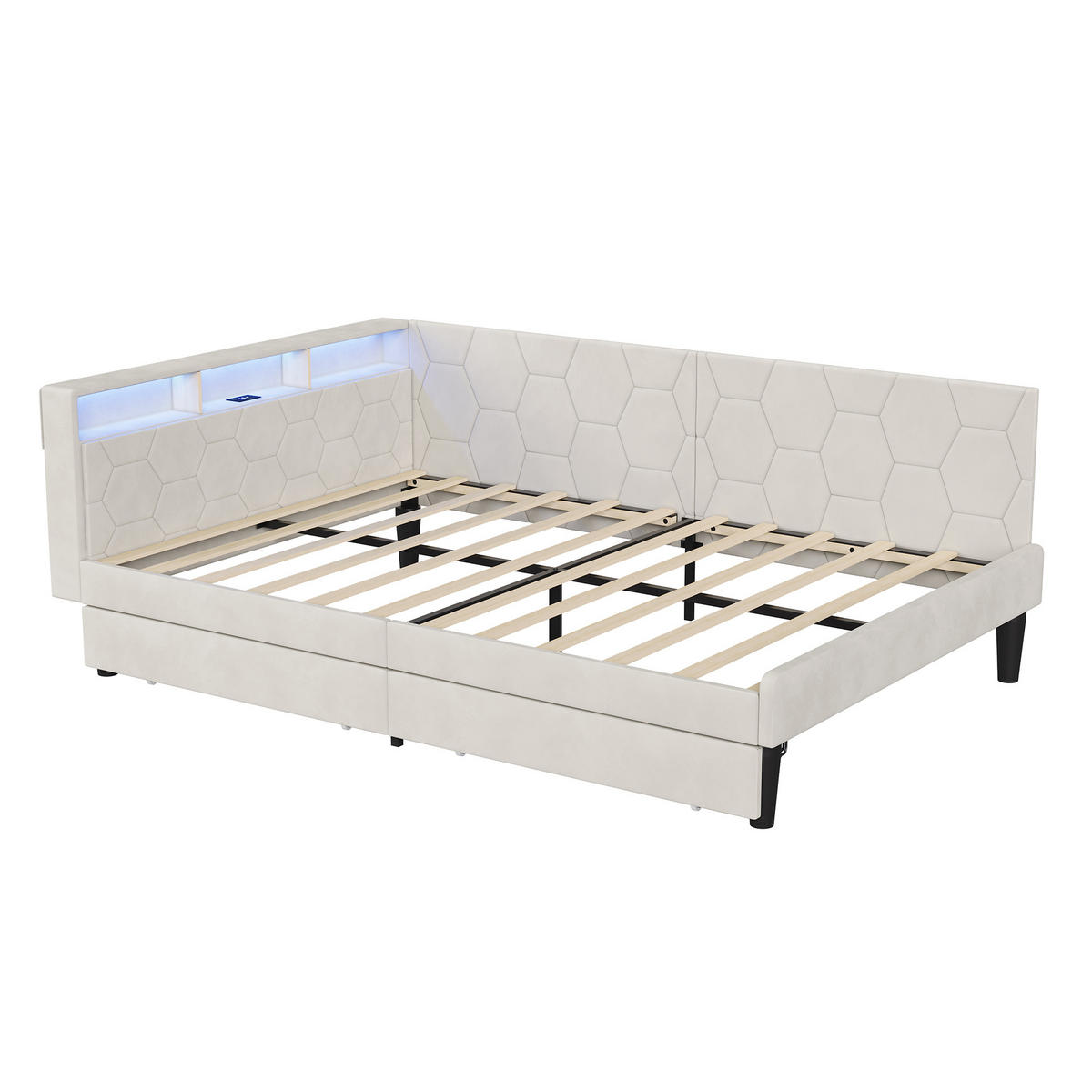 POLSTERBETT 140x200 cm Tagesbett mit 2 Schubladen, LED & USB, Doppelbett mit Kopfteil Stauraum, Beige - Beige, Metall (140/200cm) - EuroLiving