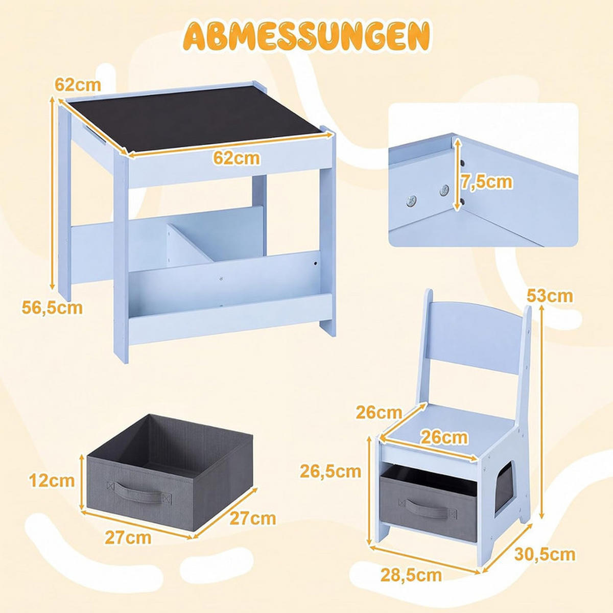 KINDERTISCH mit Stuhl blau(3-tlg) - Blau, Holzwerkstoff (62/56.5/62cm) - COSTWAY