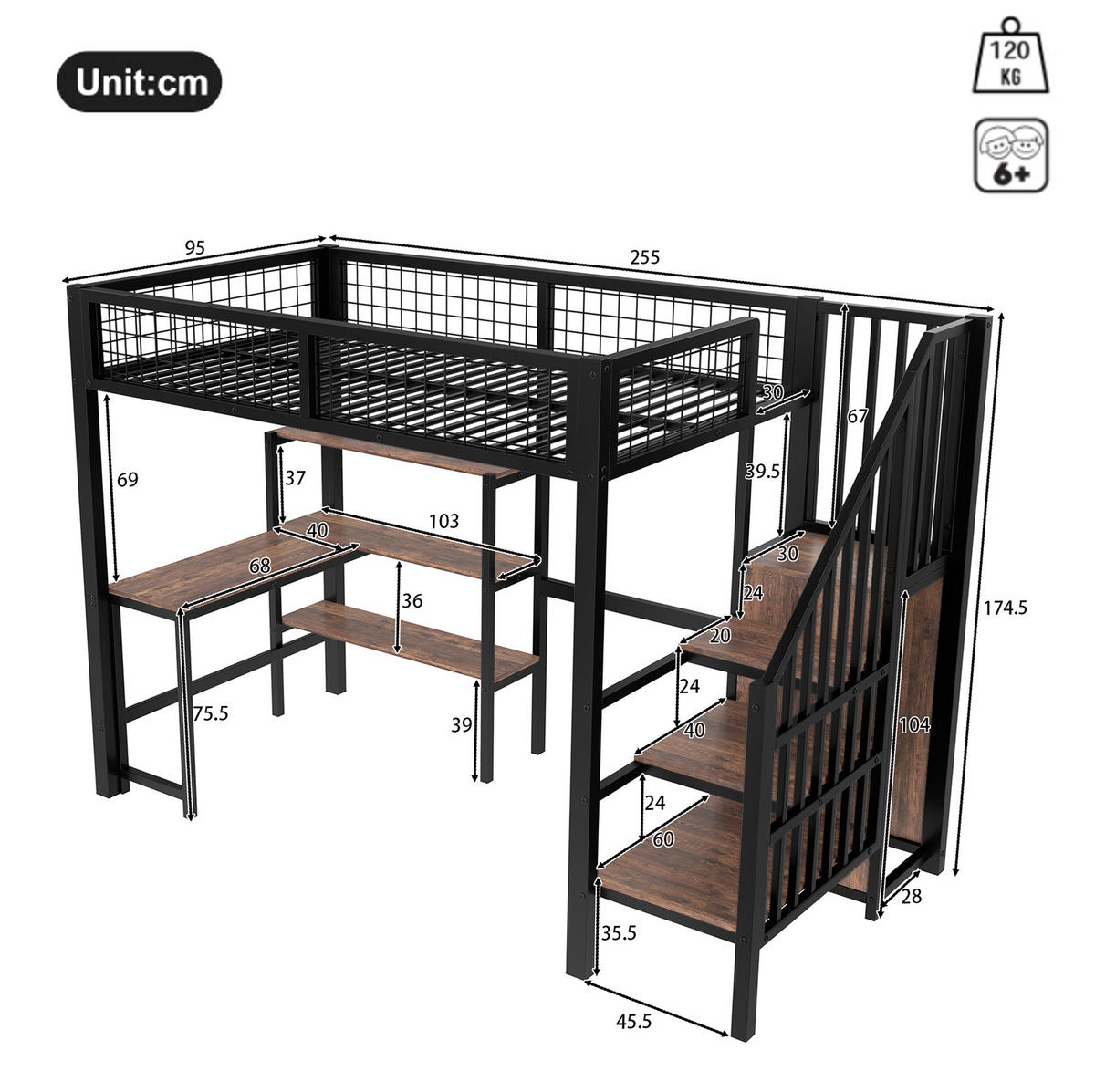 HOCHBETT 90/200 cm Schwarz/Braun aus Metall und MDF mit Schreibtisch und Kleiderschrank - Schwarz, Holzwerkstoff (90/200cm) - OKMYHOME