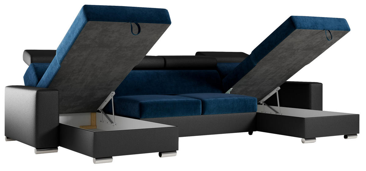 WOHNLANDSCHAFT FOX U Dunkelblau/Schwarz - Velvet/Kunstleder - Silberfarben/Schwarz, Kunststoff/Textil (306/98/168cm) - MKS