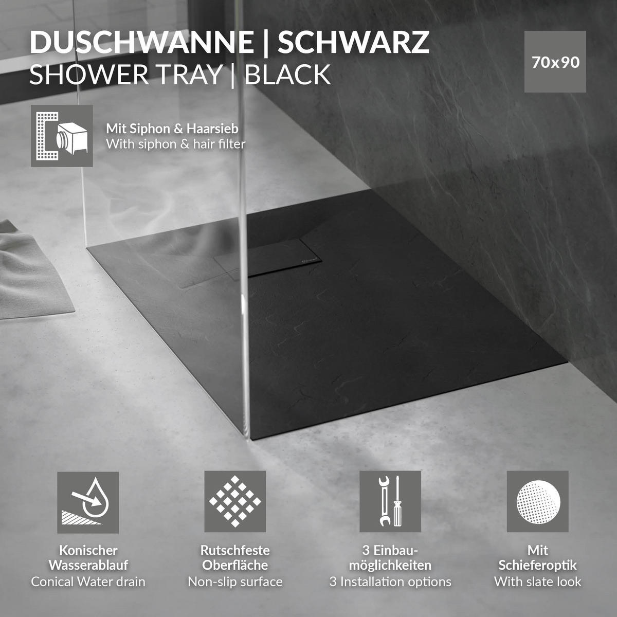 DUSCHWANNE 90x70 cm Schwarz mit Ablaufgarnitur aus SMC - Schwarz, Kunststoff (70/3/90cm) - LuxeBath