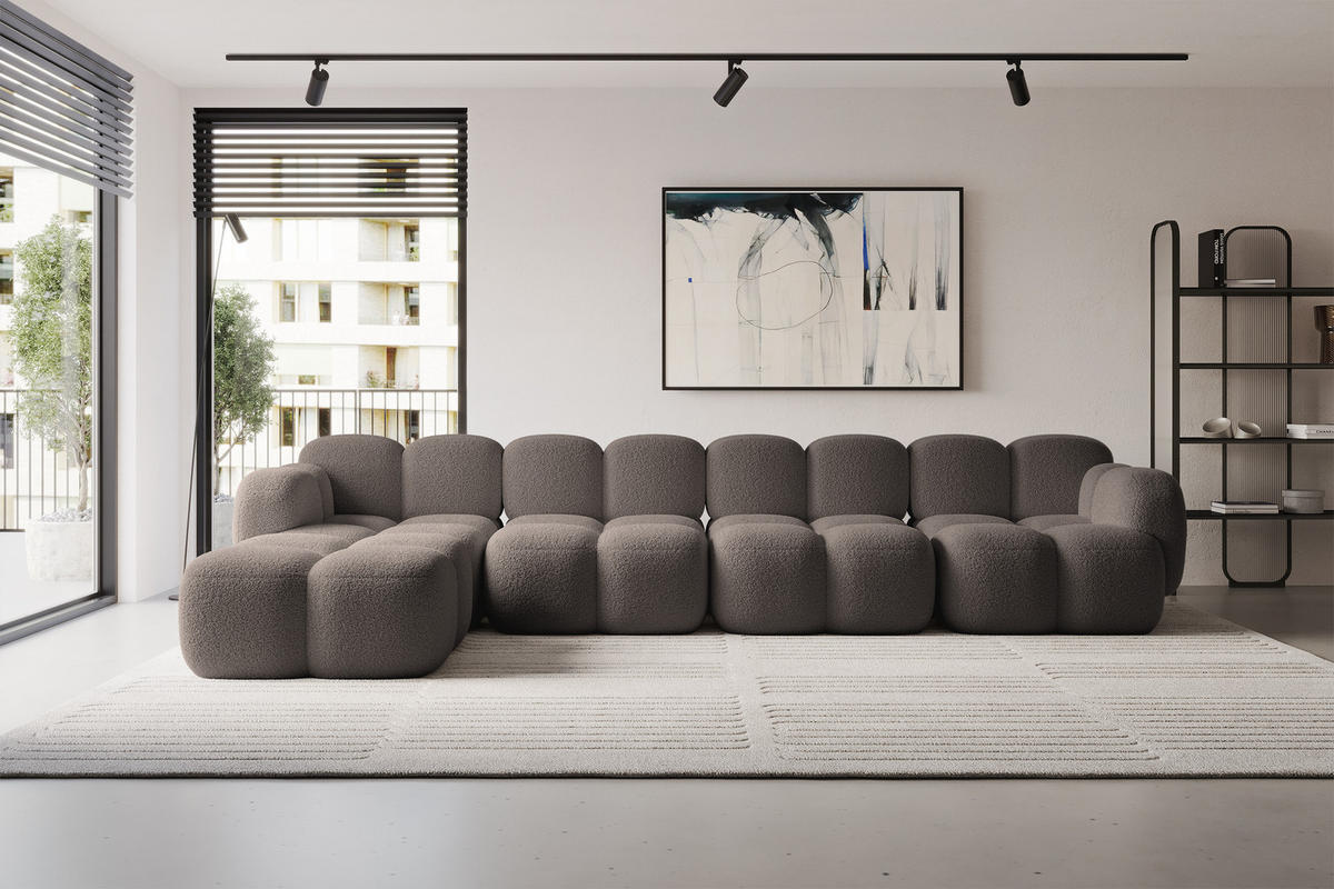 ECKSOFA modulares Sofa Links Miko-L3 390x205x75 Braun Bouclé - Dunkelbraun/Schwarz, Holzwerkstoff/Kunststoff (390/205cm) - ALTDECOR