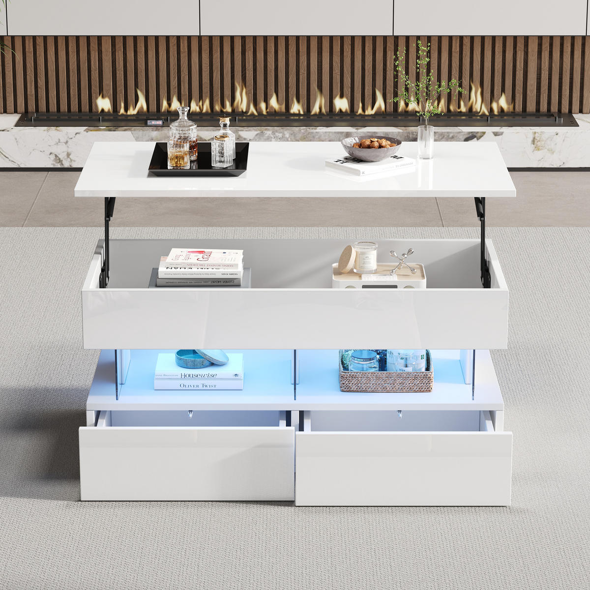 COUCHTISCH Weiß 100/50/46 cm mit Hubfunktion, LED und Schubladen - Weiß, Holzwerkstoff (50/100/46cm) - PANGIVO
