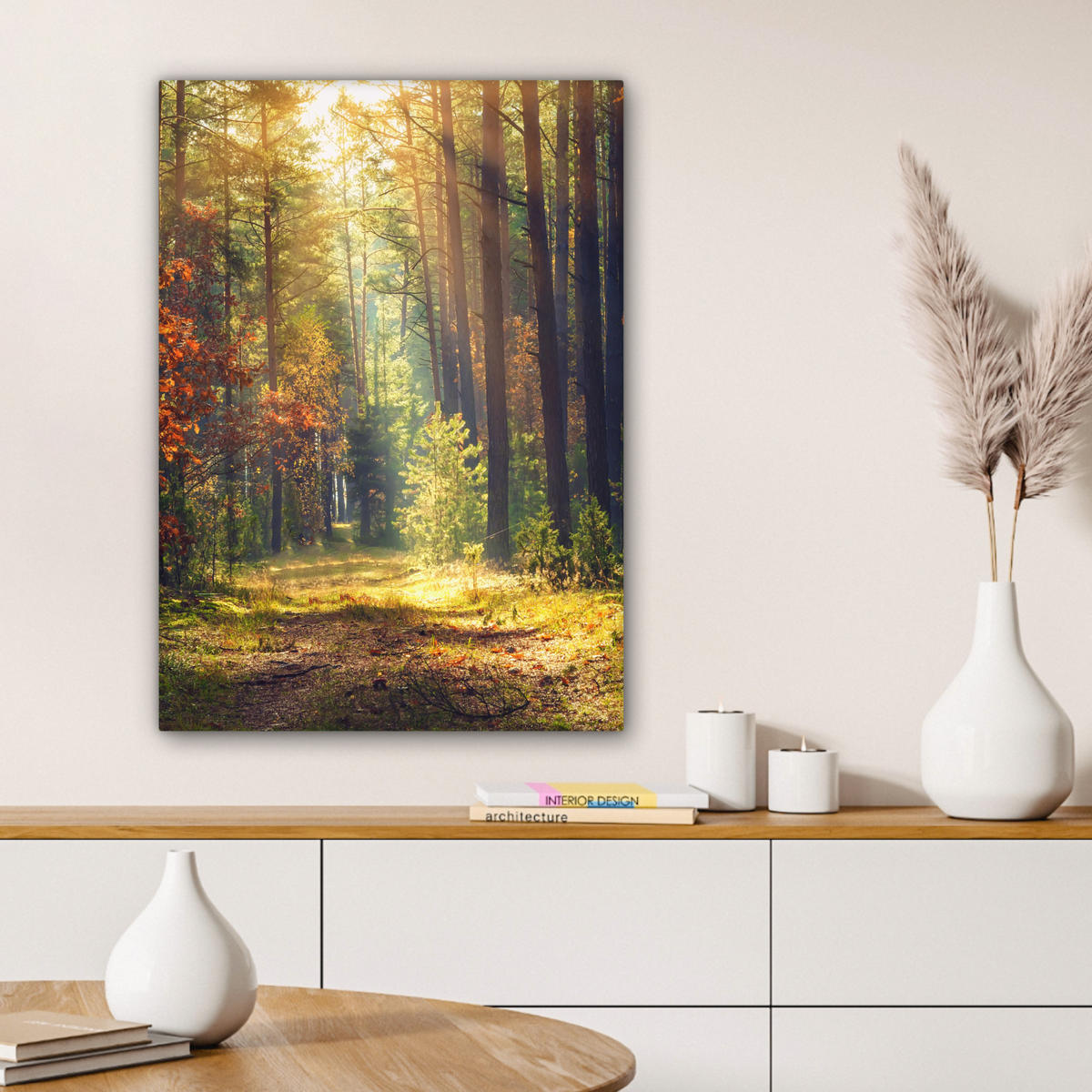 LEINWANDBILD Wald - Herbst - Bäume Wandbild Wohnzimmer 60x80 cm - Dunkelgrün, Textil (60/80cm) - MuchoWow