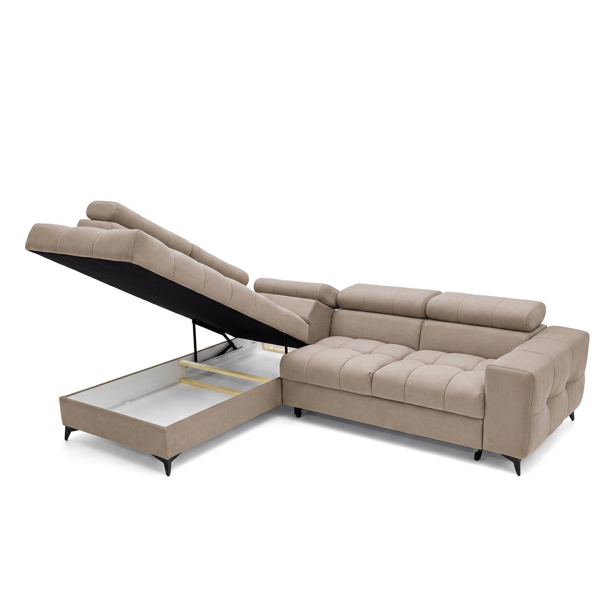 ECKSOFA PUDDING L Links mit Schlaffunktion 125x195 Velours Beige - Beige/Schwarz, Holz/Textil (203/275cm) - Muffo