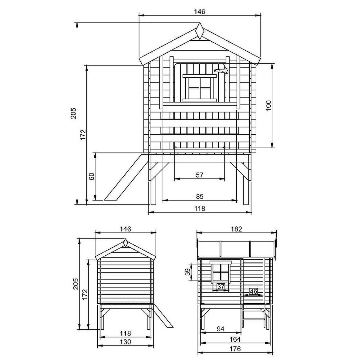 KINDERSPIELHAUS aus Holz - B146xL181xH205 cm/1,1m2 - M501B - Beige, Holz (146/205/182cm) - Timbela