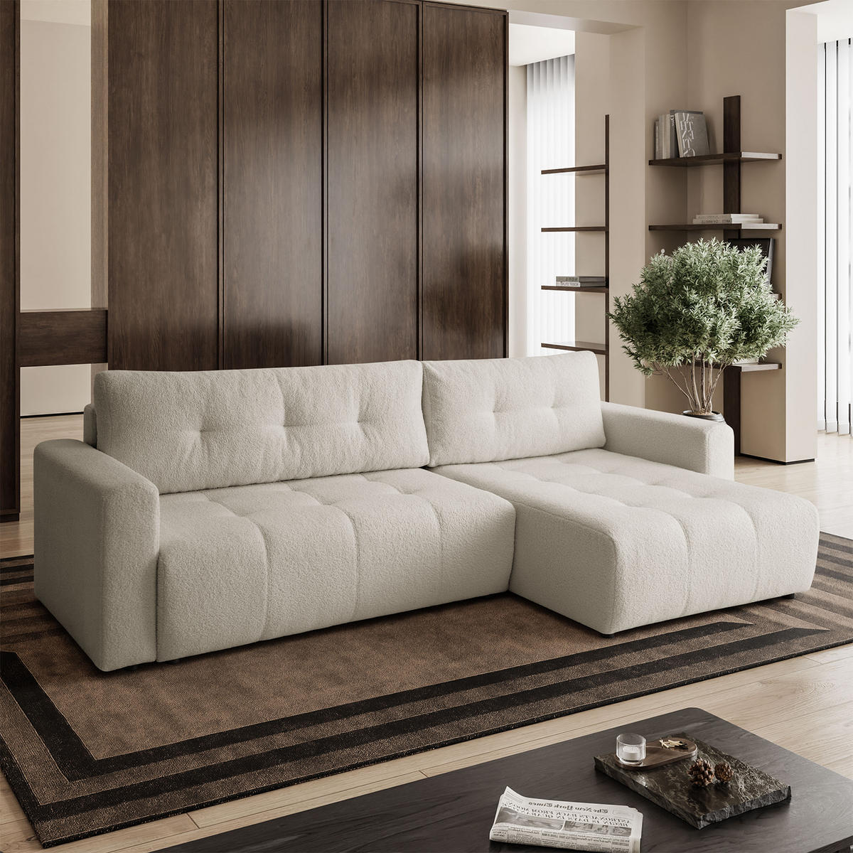 ECKSOFA WALONGO mit Schlaffunktion, Creme - Weiß, Textil (261/143cm) - Fedve