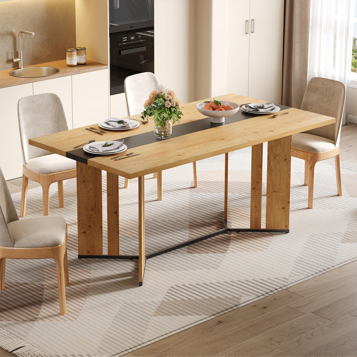 ESSTISCH 150x80x76 cm in skandinavischer Eiche aus MDF auf schwarzem Metallrahmen - Naturfarben, Holzwerkstoff (150/80/76cm) - Modfu