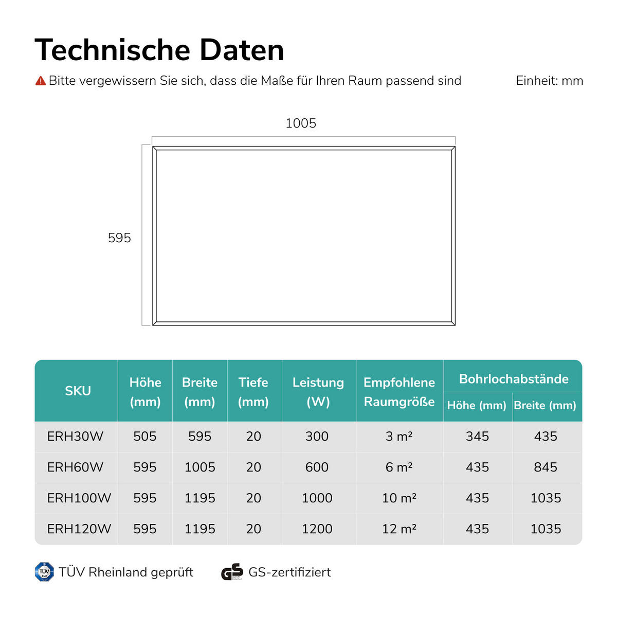 WANDKONVEKTOR Elektrisch 600 W mit Thermostat und App Steuerung 100,5/59,5 cm - Weiß, Kunststoff/Metall (100.5/59.5/2cm) - EMKE
