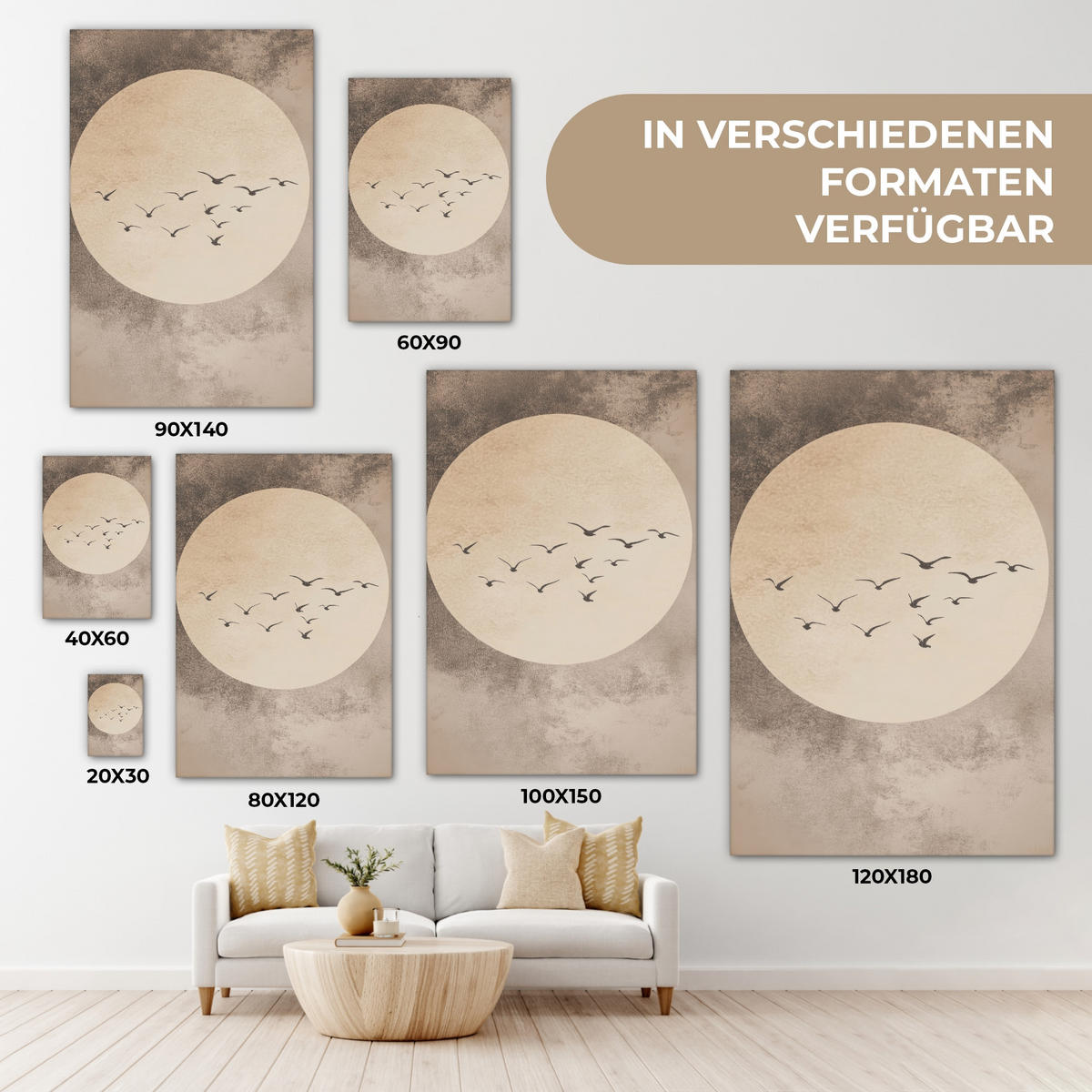 LEINWANDBILD Vogel - Beige - Japanisch 90x140 cm - Taupe, Textil (90/140cm) - MuchoWow