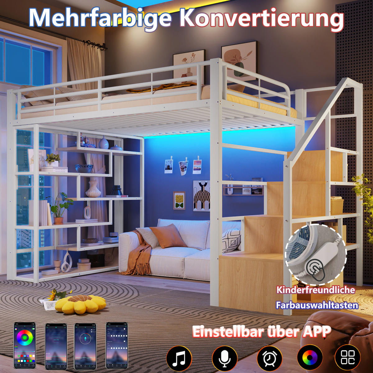 HOCHBETT 140x200 Metall Weiß mit Stauraum LED Treppe - Weiß, Metall - Gisaae