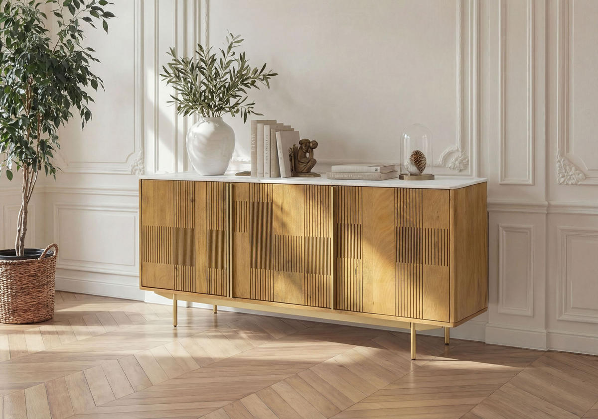 SIDEBOARD Mango 180x40x80 hellbraun geölt / Marmor weiß MIAMI #100 - Braun, Holz (180/80/40cm) - Massivmoebel24