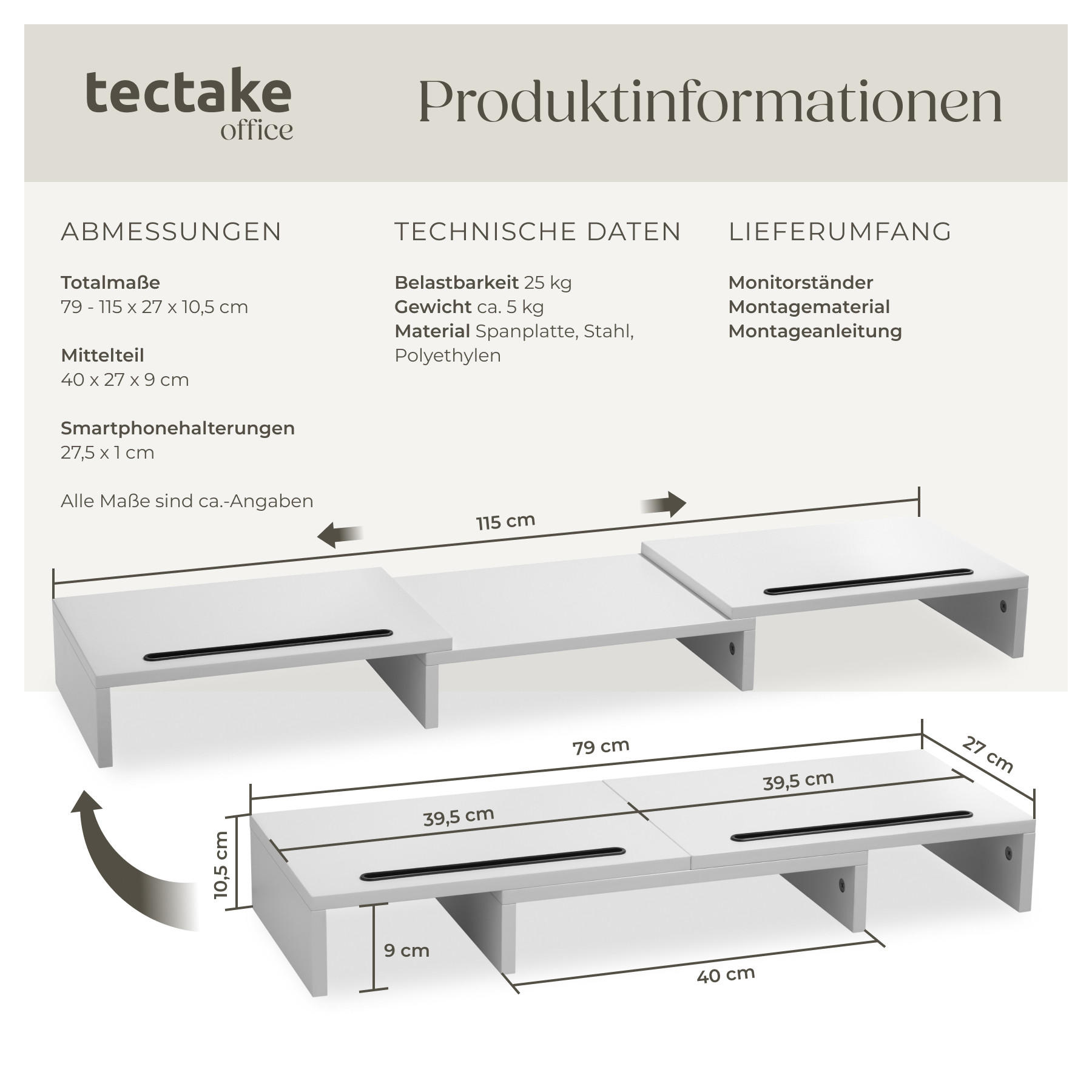 Thumbnail - tectake Monitorständer, Weiß, Holzwerkstoff, 115x10.5x27 cm, Arbeitszimmer, Schreibtische