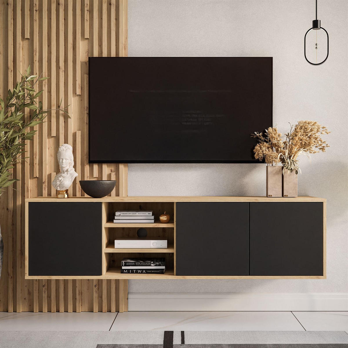 TV-ELEMENT SANAYI Hängend mit Regalen Eiche Artisan/Schwarz - Schwarz, Holzwerkstoff (156/41/38cm) - Lookway
