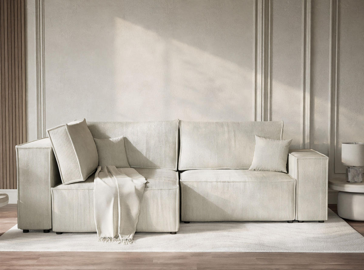 ECKSOFA MIT SCHLAFFUNKTION Tonga Creme Samtstoff - Creme/Schwarz, Holz/Holzwerkstoff (105/225cm) - Maison de Reve