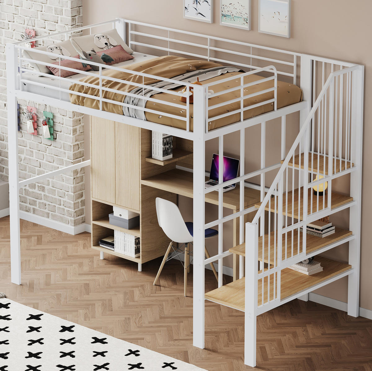 HOCHBETT 140/200 cm Weiß aus Metall und Holz mit Treppe - Weiß, Metall (140/200cm) - OKMYHOME