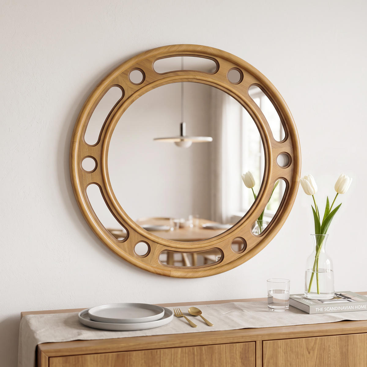 RUNDER Gummiholz Spiegel Natur Ø60×H60cm für Flur Bad Wohnzimmer - Erlefarben, Naturmaterialien (3.5/60/60cm) - Hometopia