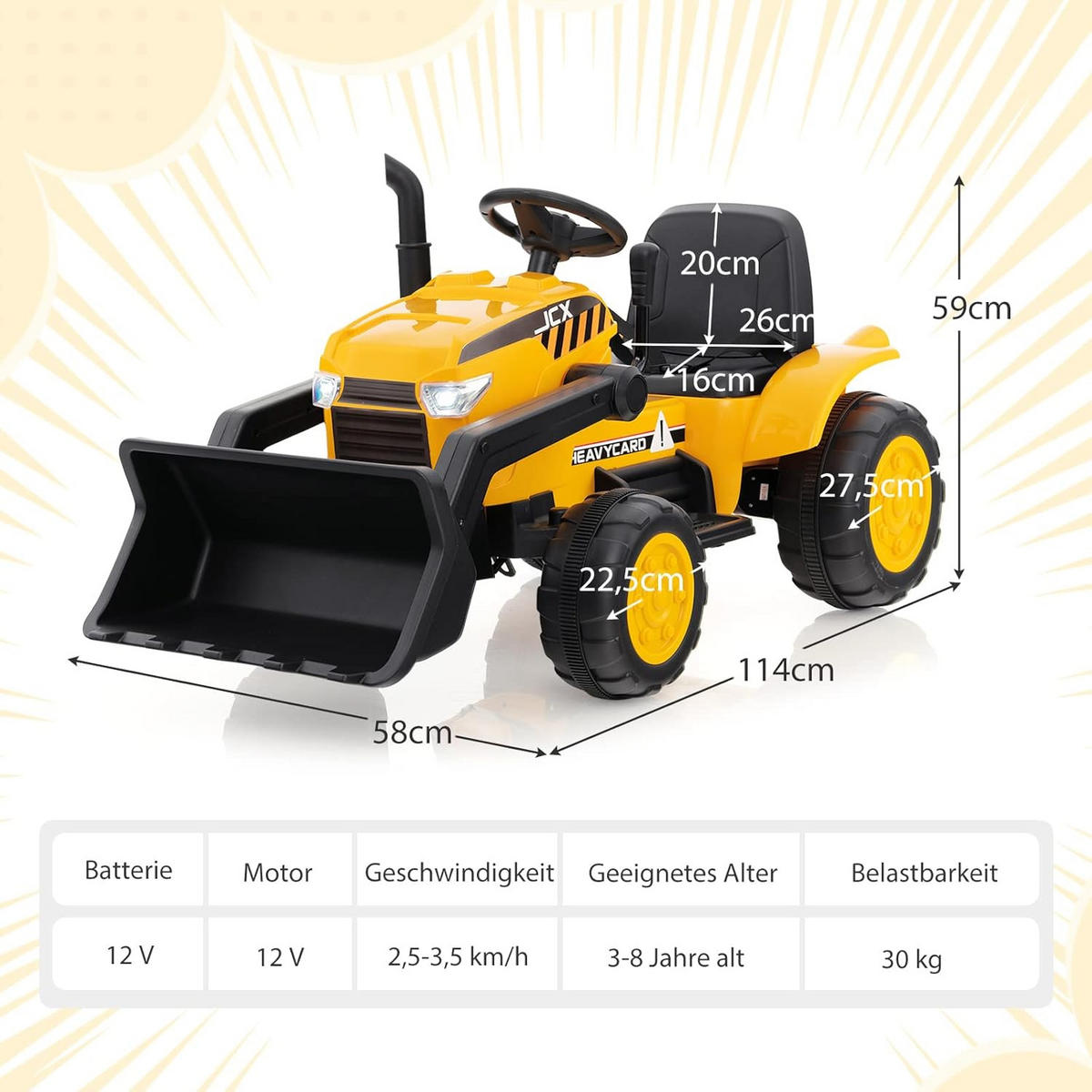 SITZBAGGER 12V Kinder Gelb - Gelb, Kunststoff (58/59/114cm) - COSTWAY