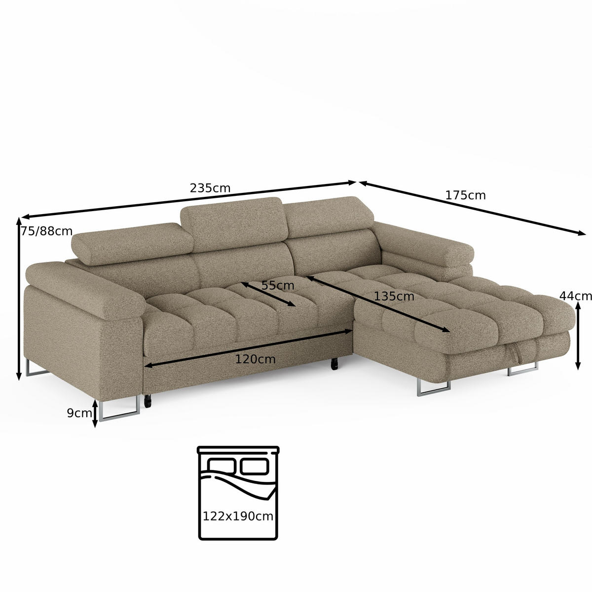 ECKSOFA CLOUD Links Dunkelbraun L-Form Bouclé-Stoff mit Schlaffunktion und Bettkasten - Chromfarben/Dunkelbraun, Holz/Metall (235/275cm) - Barchello