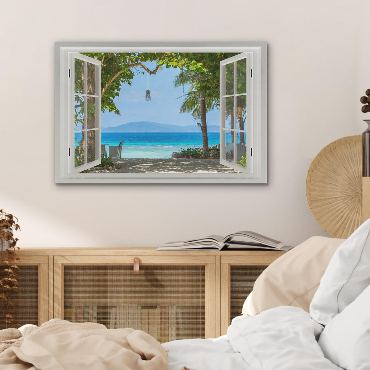 AKUSTIKBILD Aussicht - Baum - Meer - Palme - Hügel - Strand - Blau Wanddeko 70x50 cm - Blau, Kunststoff (70/50/0.9cm) - MuchoWow