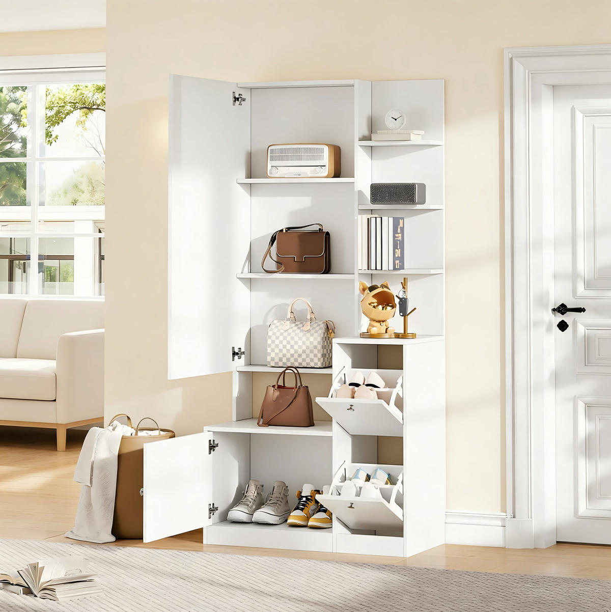 FLURSCHRANK 85/40/180 cm mit Spiegel, 2 Schuhschränken, 5 offenen Ablagen und Spanplatte, Weiß - Weiß, Holzwerkstoff (85/180/40cm) - Redom