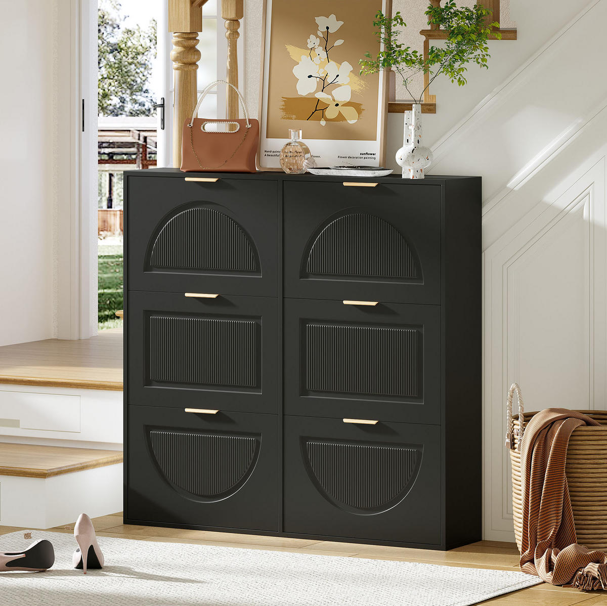 SCHUHSCHRANK 118/25/115 cm mit 6 Klappenfächern, verstellbaren Einlegeböden und Kippsicherung, Schwarz - Schwarz, Holzwerkstoff (118/115/25cm) - Redom